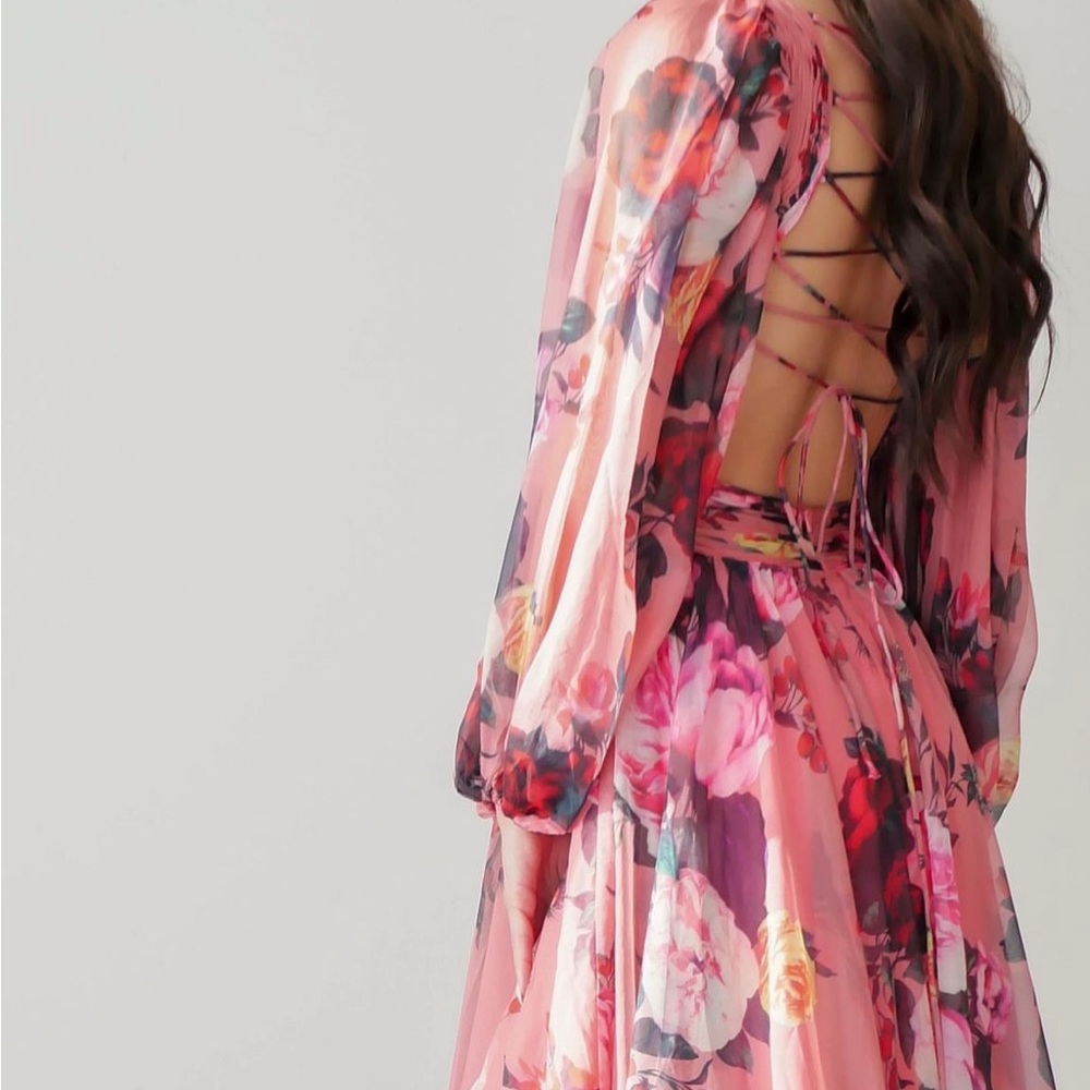 Mac Duggal 67946 Floral Long Sleeve Cut Out Chiffon Maxi Formal Dress Size 4 - Picture 4 of 16